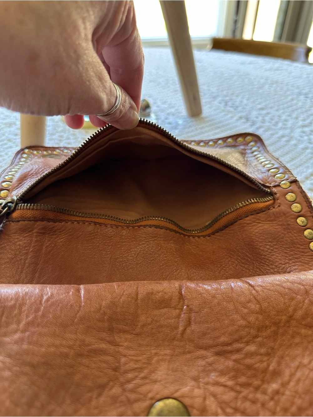Sundance Brown Leather Stud-Trim Crossbody with Wristlet - Picture 4 of 11